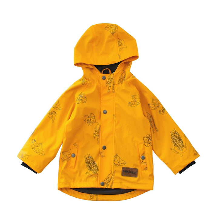 Front flay lay of kids raincoat. Mustard yellow Wild Island waterproof jacket for boys and girls.