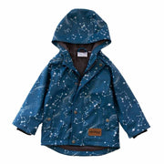 Front flat lay of Wild Island ocean blue kids raincoat with hood.