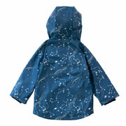Back flay lat of Wild Island ocean blue kids rain jacket with Australian constellation pattern. 