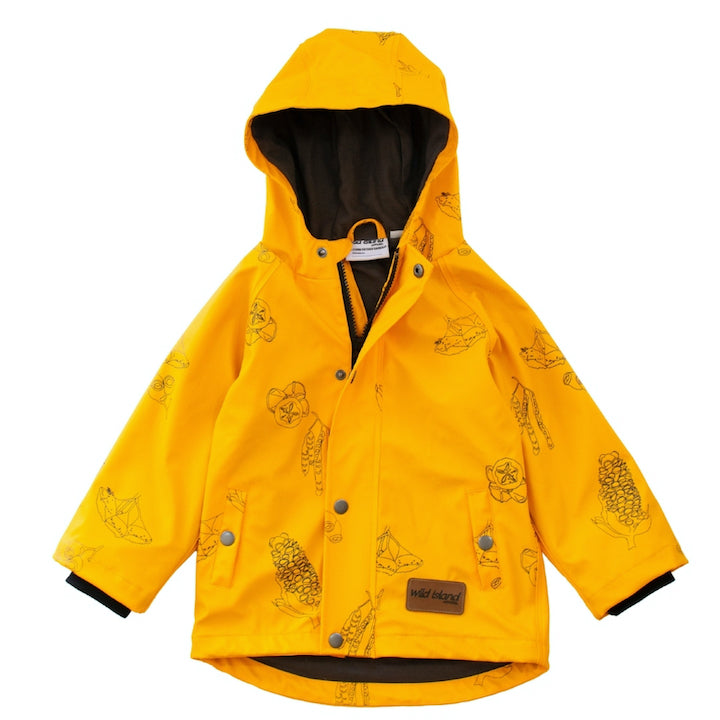 Front flat lay of Wild Island kids printed raincoat. Mustard yellow rain jacket with Australian seed pods print 