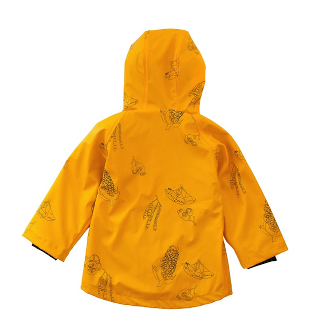 Back flat lay of kids rainwear. Wild Island mustard yellow rain coat with Australian seed pods print 