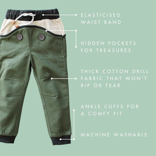 Wild Island Co Discoverer Kids Pants for girls + boys, Wild Island, sage green (1-8Y) Kids and Adults Quality Clothing Designed in Tasmania Australia 4